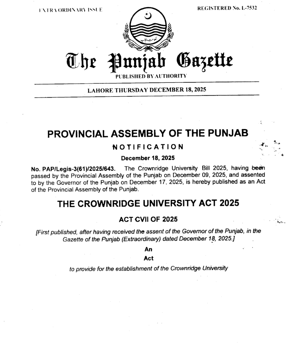 The Crownridge University Act 2025 published in The Punjab Gazette
